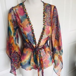 🦋 Tie Dye Sheer 100% Silk Chiffon Blouse Top